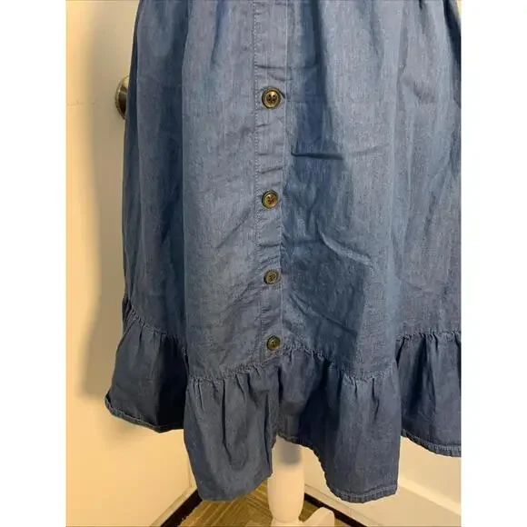 Japna Chambray Smocked Blue Sundress Midi Prairie Ruffle Hem Cottage Small Excel - Picture 4 of 13